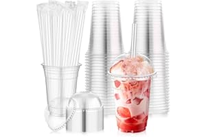 50 Pcs Plastic Clear Cups with Dome Lids and Straws, 16 oz Disposable Slushie Cups with Straws, Crestal Clear to Go ice Coffe