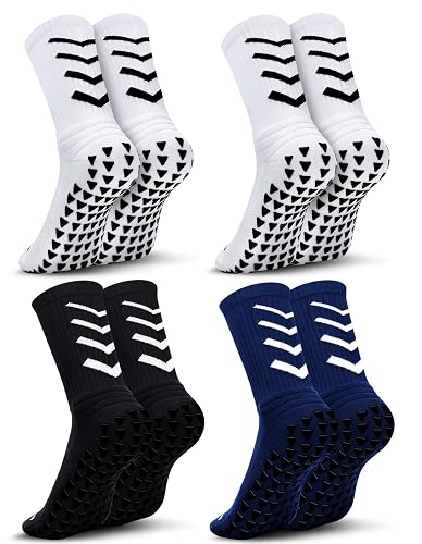 4 Pairs Non-Slip Soccer Socks With Silicone Grip Pads - Athletic Football Basketball Socks For Men & Women - Breathable Sports Socks