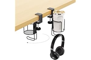 2 in 1 Desk Cup Holder with Headphone Hanger Holder, Anti-Spill Clip-On Table Cup Hook with 360° Rotation for Office Home Tab