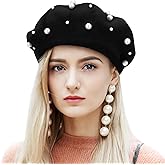 Black Beret Hats for Women Classic Pearl Wool French Beret Hat for Women Girls Elegant Fall Outfit Party Travel Winter Accessories