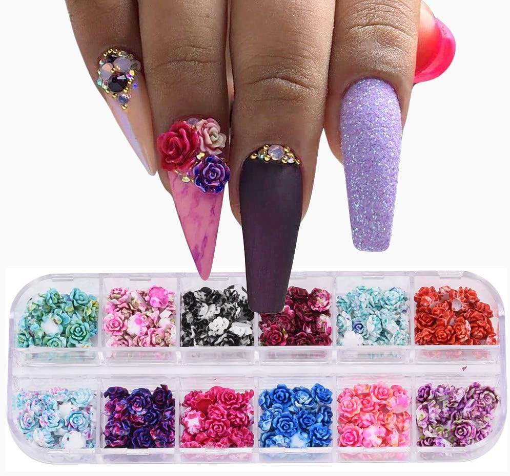 300pcs 12 Grids Multi Colors Flat Back Nail Flowers Charms Accessories DIY Decoration Designer Materials Supplies for Nails