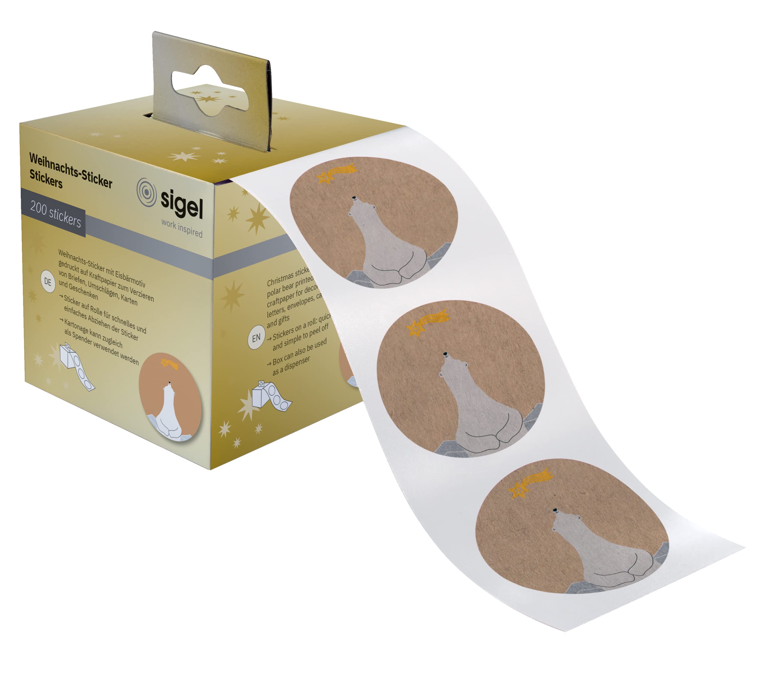 SIGEL CS121 Christmas stickers on a roll, 200 sticker, 4,7 x 4,7 cm, "Polar bear with shooting star", brown, White, Yellow
