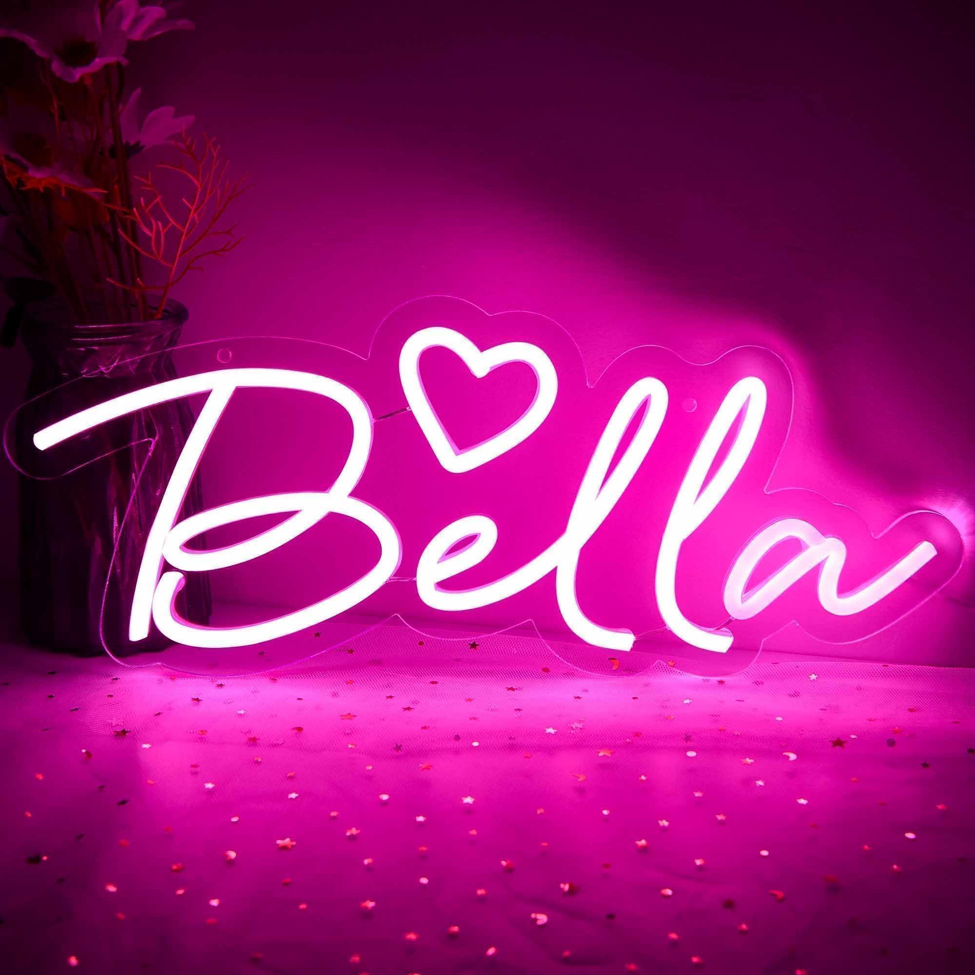 Photo 1 of ATTNEON Large Bella Name Neon Sign for Wall Decor,LED Bella Name Neon Light for Kids Bedroom,Birthday Party Decoration,Neon Sign Customizable for Girl,Birthday Name Deocr,Size 16.1 * 6.5 inch(JTD052)