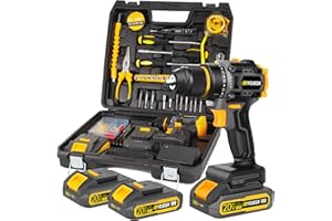 RYOJEGK Compact Brushless Power Drill Set,60N.m Cordless Drill Tool Box with 2 Battery & 3/8”Keyless Metal Self-locking Chuck,138Pcs Men Handheld Tool Drills Kit,Taladro Inalámbrico for Home Repair Set