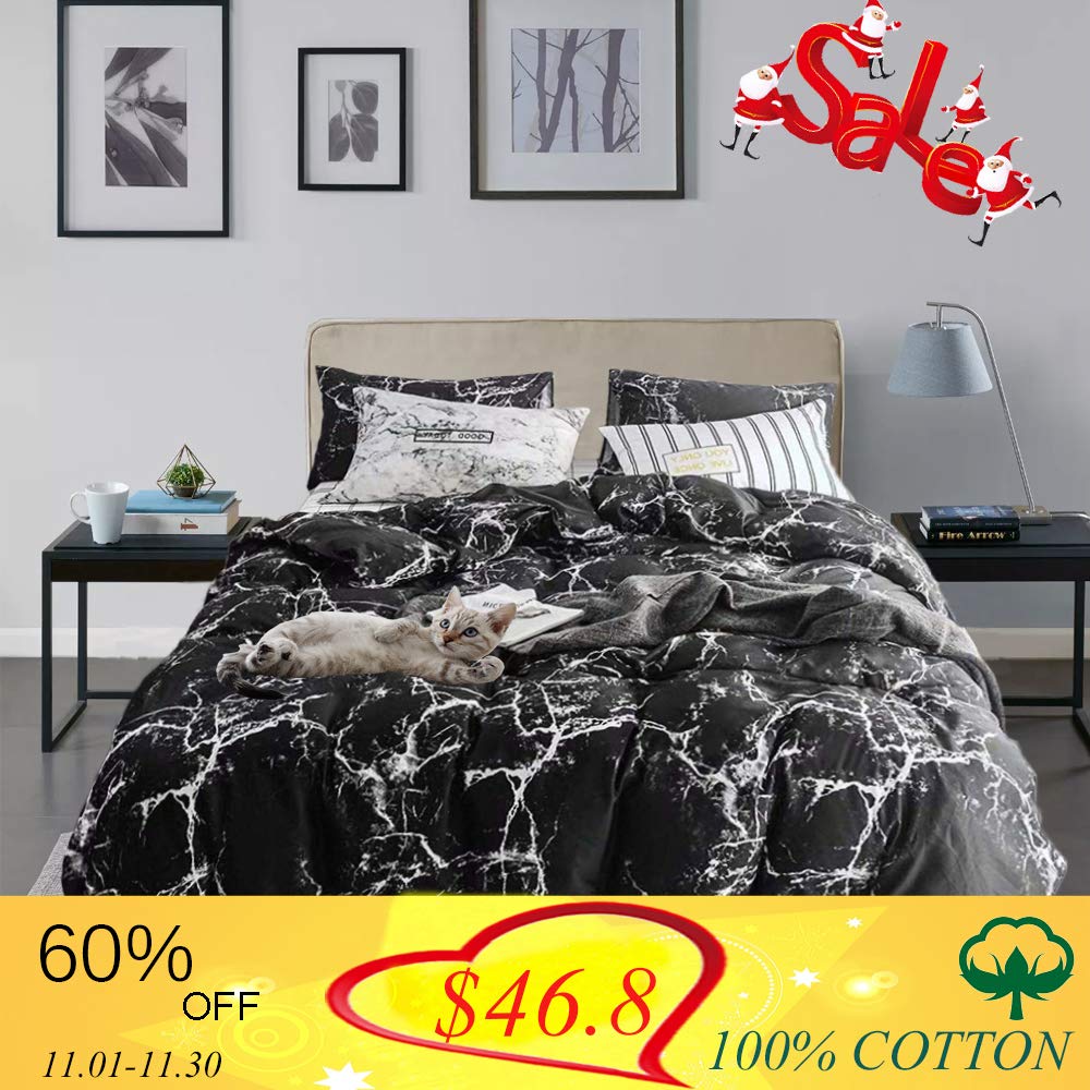 Wellboo Black Marble Duvet Cover Cotton Queen Full Black and White Marble Bedding Sets Adults Women Men Modern Quilt Covers Abstract Organic Luxury Duvet Covers White Texture Gothic Chic No Insert