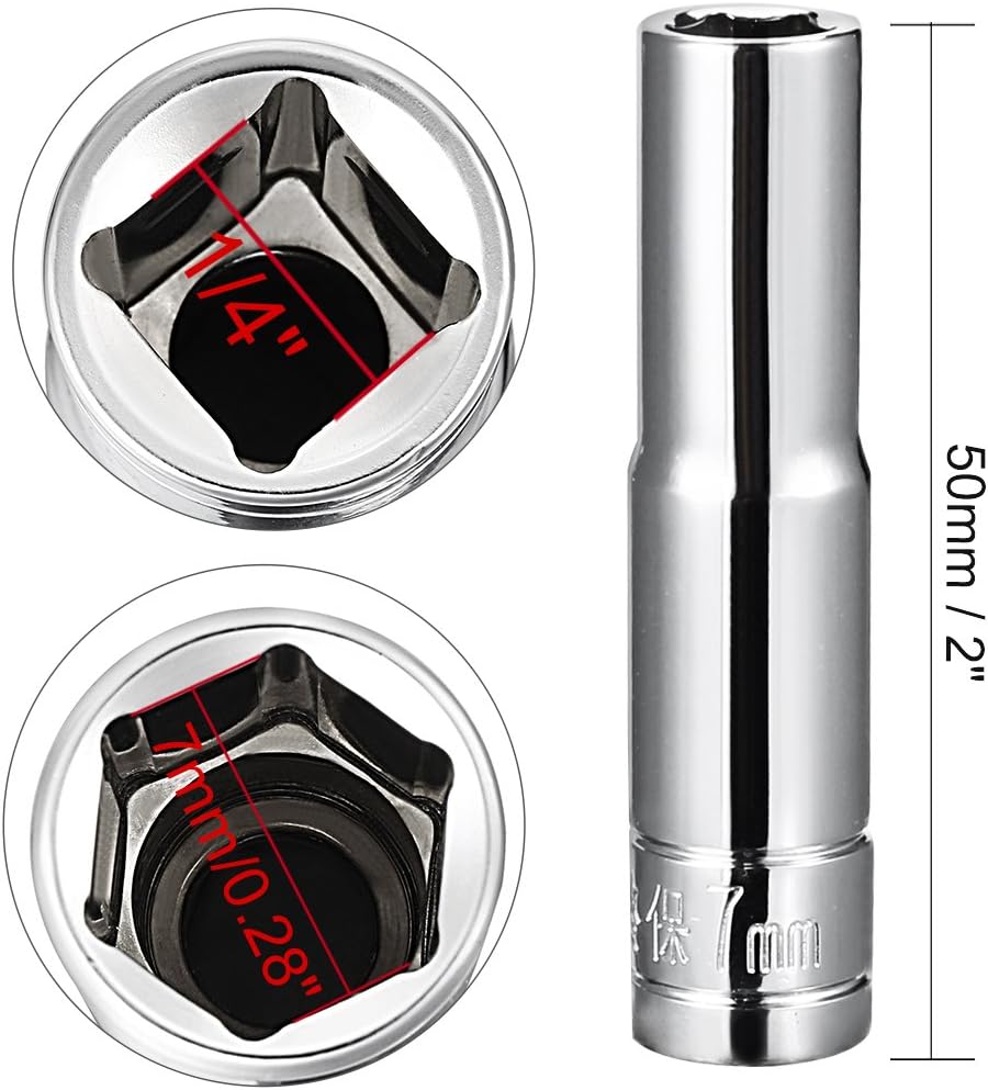 sourcing map 2 Pcs 1/4 Inch Drive 7mm 6-Point Deep Socket, Metric, Cr-V, Silver - Image 4
