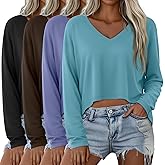 Oakgarden 4 Pack Oversized Cropped T Shirts for Women V Neck Long Sleeve Crop Tops Loose Casual Basic Tees Irregular Hem