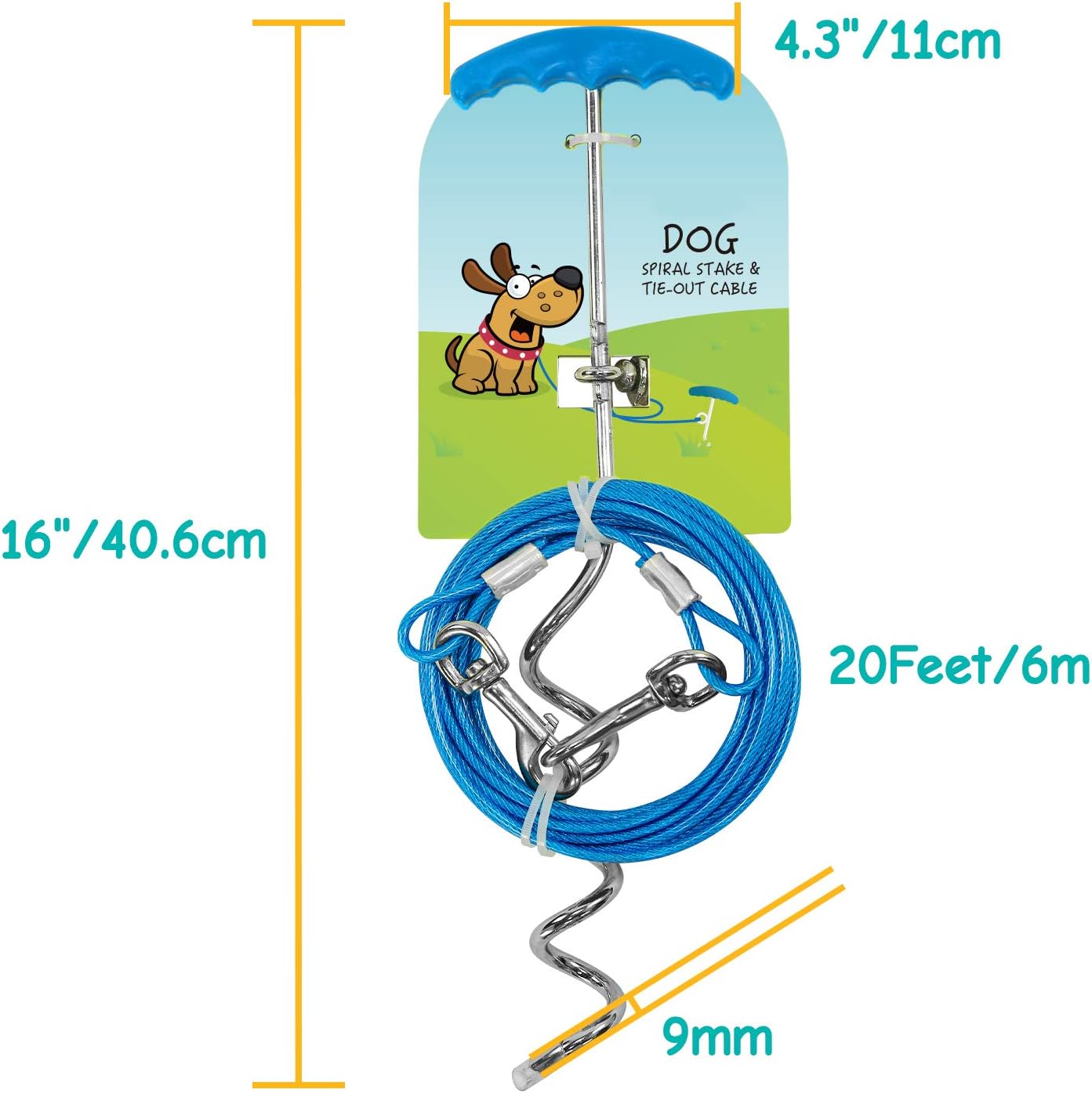 Petphabt 20ft(6m) heavy duty Dog tie out cable with 16 Inch spiral