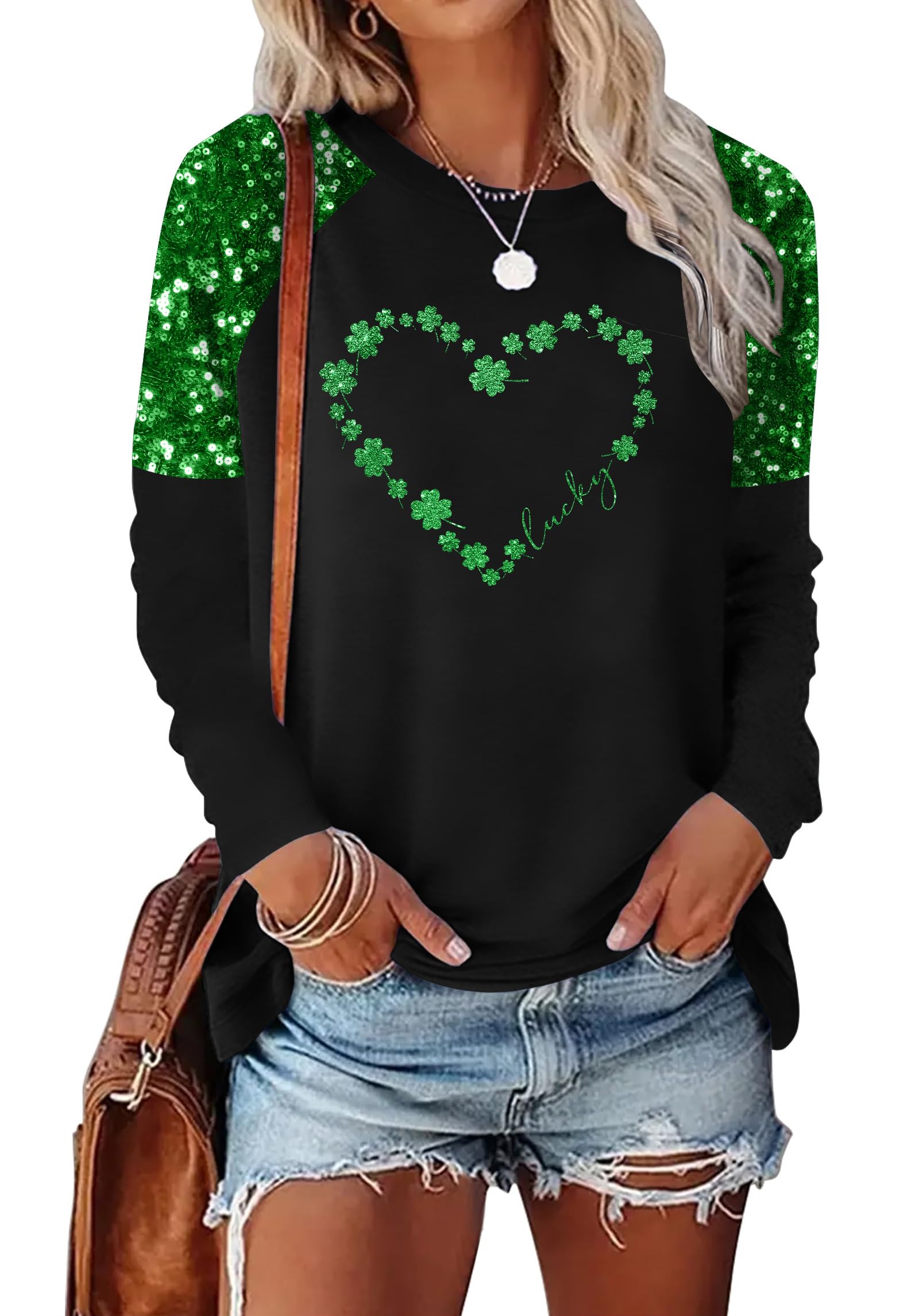 Photo 1 of (Small)  St Patricks Day Shirt Women Shamrock Sequined Splicing Long Sleeve T-Shirts Lucky Clover Graphic Tee Tops