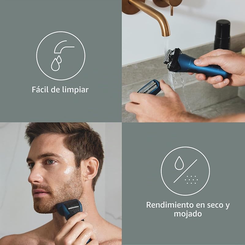 Série 700 ES-ALT4B Barbear Elétrico de 3 lâminas para uso húmido e seco para homens, sem fios, impermeável, sensor responsivo, cabeça flexível, aparador, empunhadura ergonómica, azul