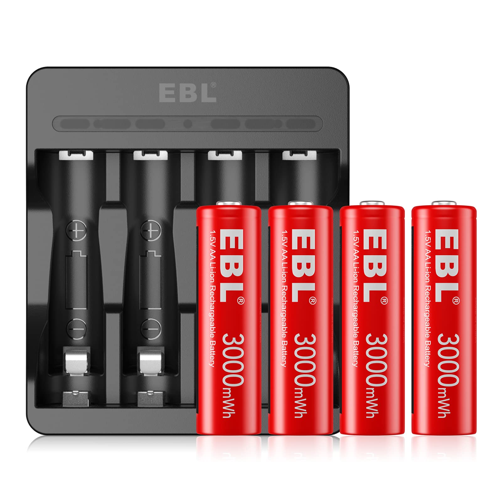 EBL Pack of 4 1.5V 3000mWh AA Rechargeable Lithium Batteries & 4 Slots Lithium-ion Battery Charger for 1.5V Lithium AA Batteries, USB Input Battery Charger, Long Lasting Double A Battery