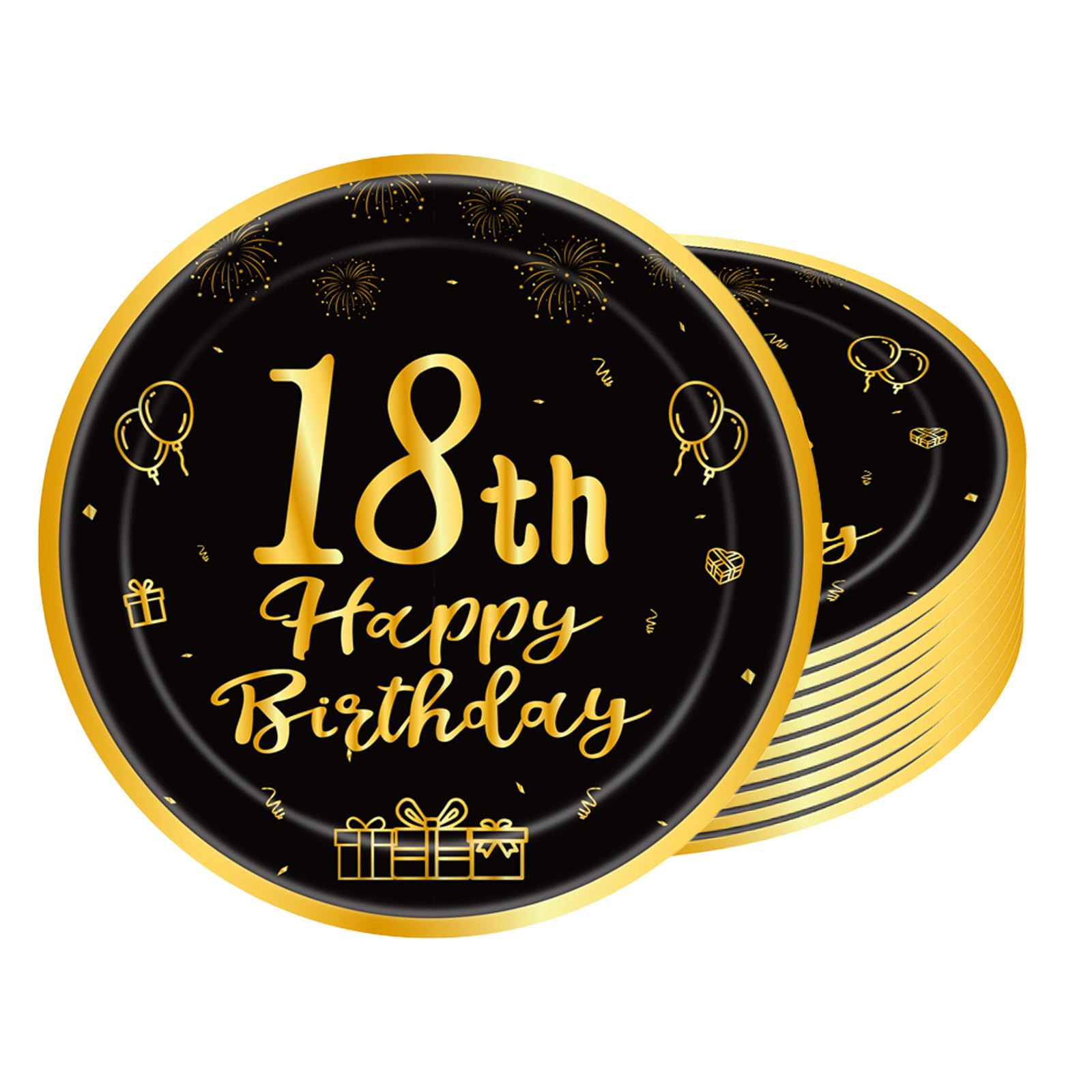 POPOYU 16pcs Black and Gold Paper Plates 18th, Happy Birthday Disposable Tableware Paper Plates 9 Inch,Happy 18th Birthday Decorations Plates for Men,Women,Him,Her 18th Birthday Gifts Party Supplies