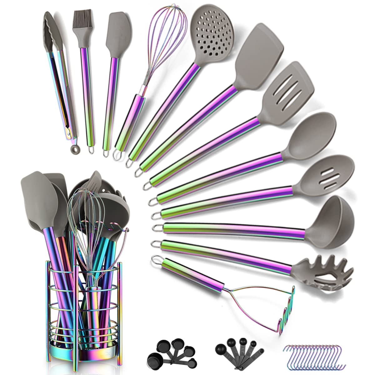 Photo 1 of 38 Piece Silicone kitchen Cooking Utensils Set with Utensil Crocks, Silicone Head and Stainless Steel Handle Cookware, Kitchen Tools for Utensil Set, Non-Stick kitchen Gadgets,Dishwasher Safe(Rainbow)