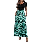 HAOMEILI Women's Short Sleeve Loose Plain Maxi Dresses Casual Long Dresses with Pockets(Blue Green, L)