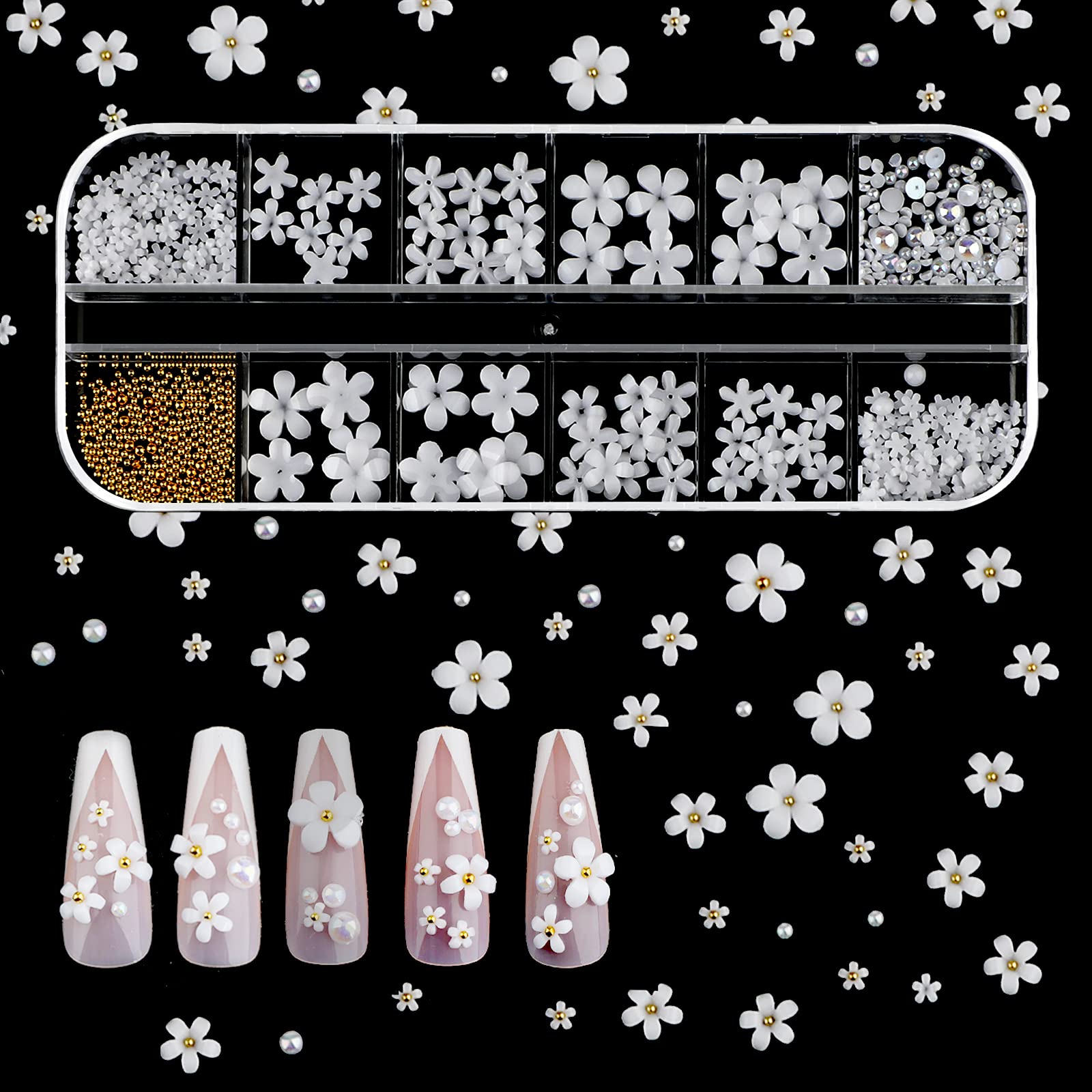 SAVITA 250pcs 12 Styles 3D Acrylic Flowers for Nails, 3D Nail Charms Flat Nails Accessories for DIY Nail Art Designs Jewelry Making (White)