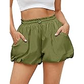 Fisoew Womens High Waisted Bubble Shorts Drawstring Elastic Stretchy Wide Leg Balloon Shorts with Pockets Army Green