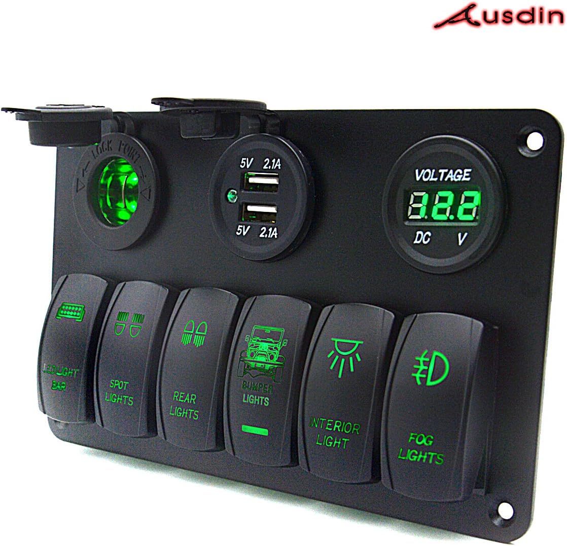 Switch Panel,Ausdin Rocker Switch Panel 6 Gang Marine Boat Panel Waterproof Light Bar Panel 14AWG Wiring Harness Connected Easy Installation Digital Voltmeter Dual USB Charger 4.2A (Green)