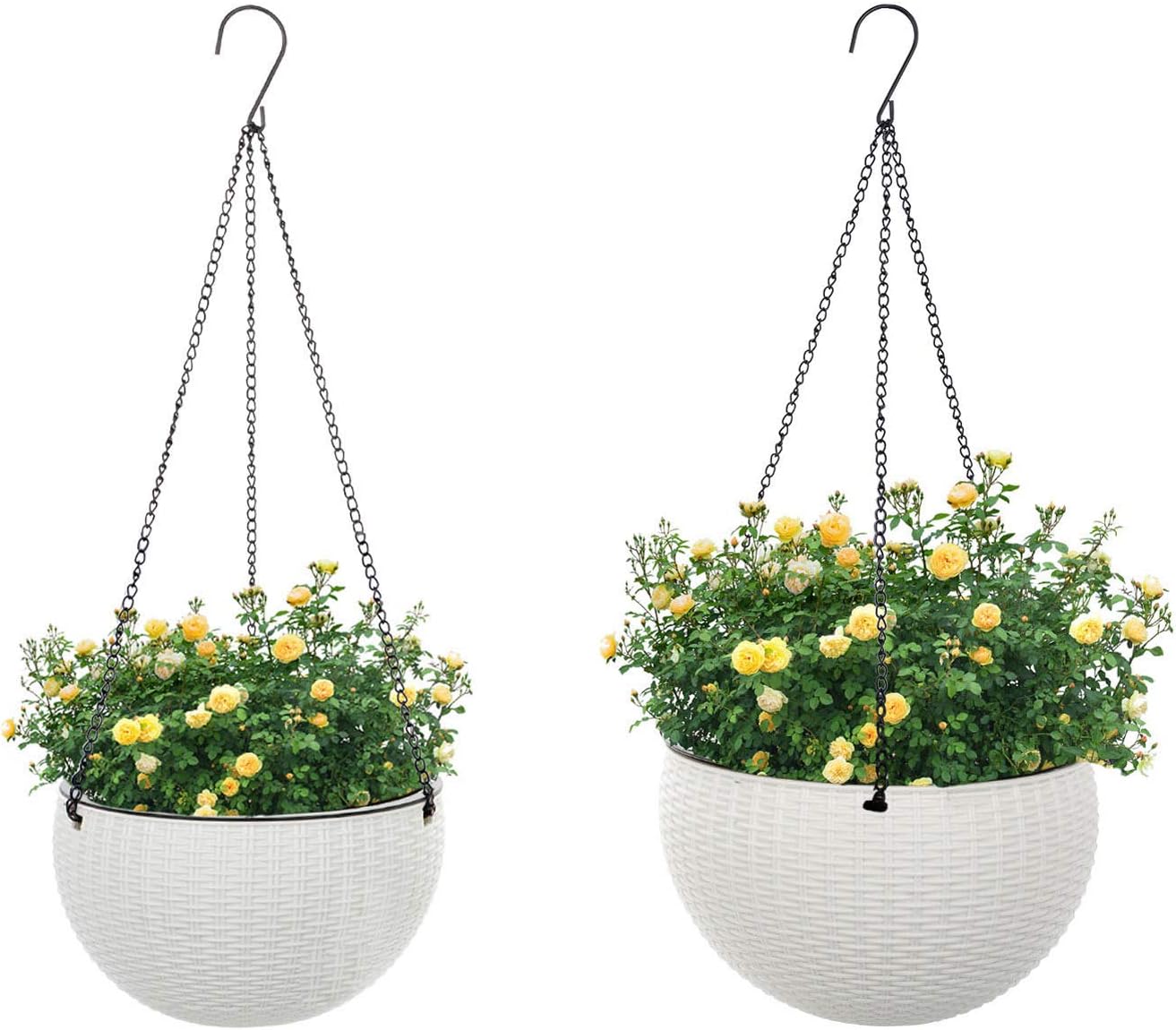 GROWNEER 2 Packs 10.2 and 8.8 Inches Hanging Basket Planters with 6 Pcs Hooks, Drainer and Chain, Plastic Self Watering Hanging Planter Hanging Pots for Indoor Outdoor Plants Flowers (White): Garden & Outdoor