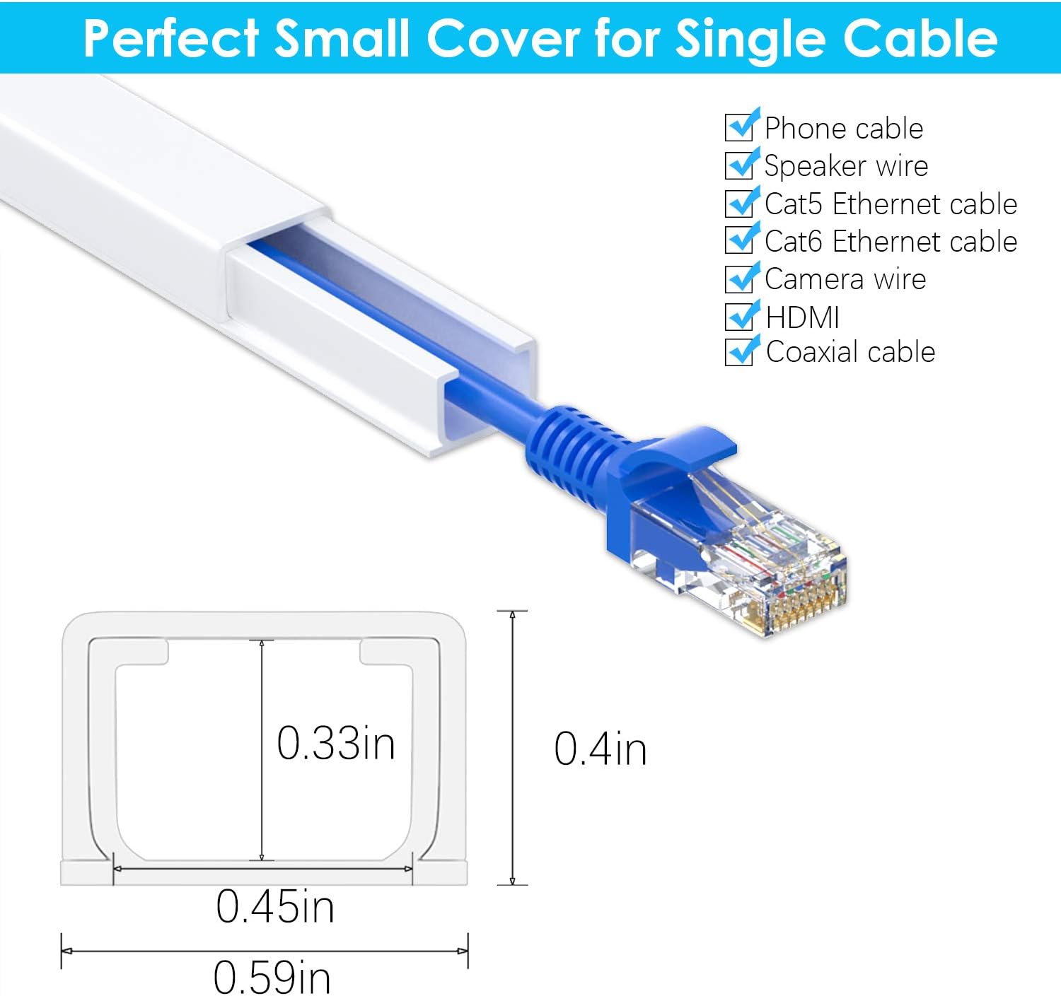 One-Cord Channel Cable Concealer - CMC-03 Cord Cover Wall Cable Management System - 125" Cable Hider Raceway Kit for a Power Cord, Ethernet Cable, Speaker Wire - 8X L15.7in, W0.59in H0.39in, White: Electronics