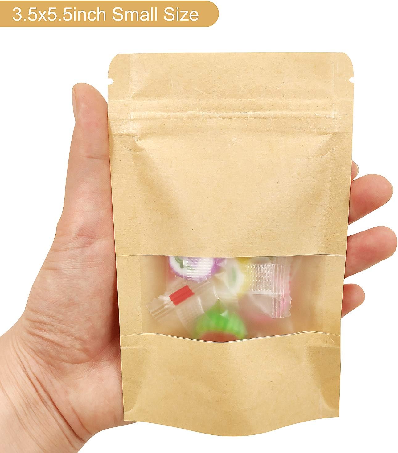 SumDirect 50Pcs Kraft Zipper Stand Up Bags Pouches with Notch and Matte Window (9x14cm), Brown - Image 3