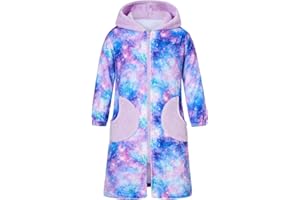 Funnycokid Girls Robe Kids Hooded Bathrobe Zip Fleece Fuzzy Soft Pajamas Plush Sleepwear 4-14 Years