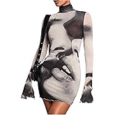 SOLY HUX Women's Graphic Print Bodycon Mini Dress Turtleneck Long Sleeve Pencil Dresses