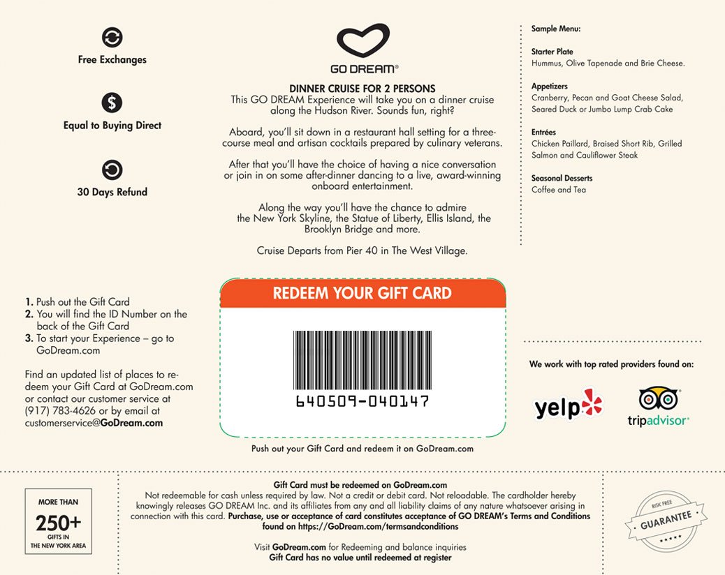 Amazon Com Romantic Dinner Cruise For Two In New York San Fransisco Or Los Angeles Experience Gift Card Nyc Go Dream Sent In A Gift Package Gift Cards