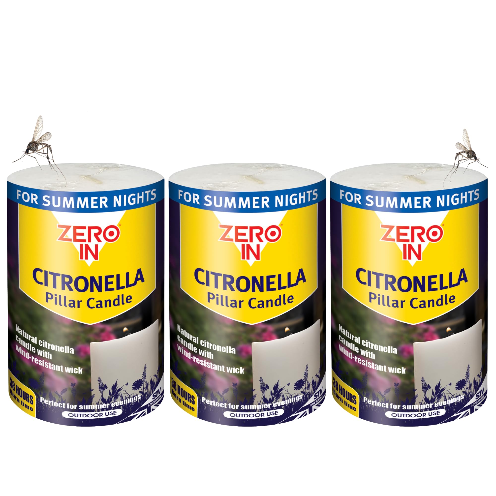 Zero In Citronella Pillar Candle – Mosquito Repellent for the Home, Multi Pack x3 - Insect Candle Treatment for Outdoor - Repels Mosquitoes & Biting Insects - Long-Lasting Protection