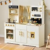 Tiny Land Play Kitchen for Kids, Toy Kitchen Set with Plenty of Play Features, New Modern Kids Wooden Play Kitchen Designed in Trendy Home Style with Curtains, Gift for Ages 3+