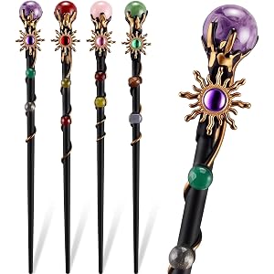 Seenelling 4 Pcs Handcrafted Crystal Magic Wand Witches and Wizards Crystal Chakra Wand for Halloween Cosplay Masquerade Part