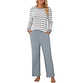 Blooming Jelly Womens Pajamas 2 Piece Satin Matching Lounge Sets Cute Long Sleeve Striped Pants Pjs with Pocket