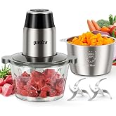 Ganiza Food Processors with 2 Bowls, 450W Meat Grinder Vegetable Chopper | 2-Speed Electric Food Chopper with 8 Cup Glass &amp; 8 Cup Stainless Steel Bowls -Includes 2 Sets of Blades for Fruits/Meat/Nuts