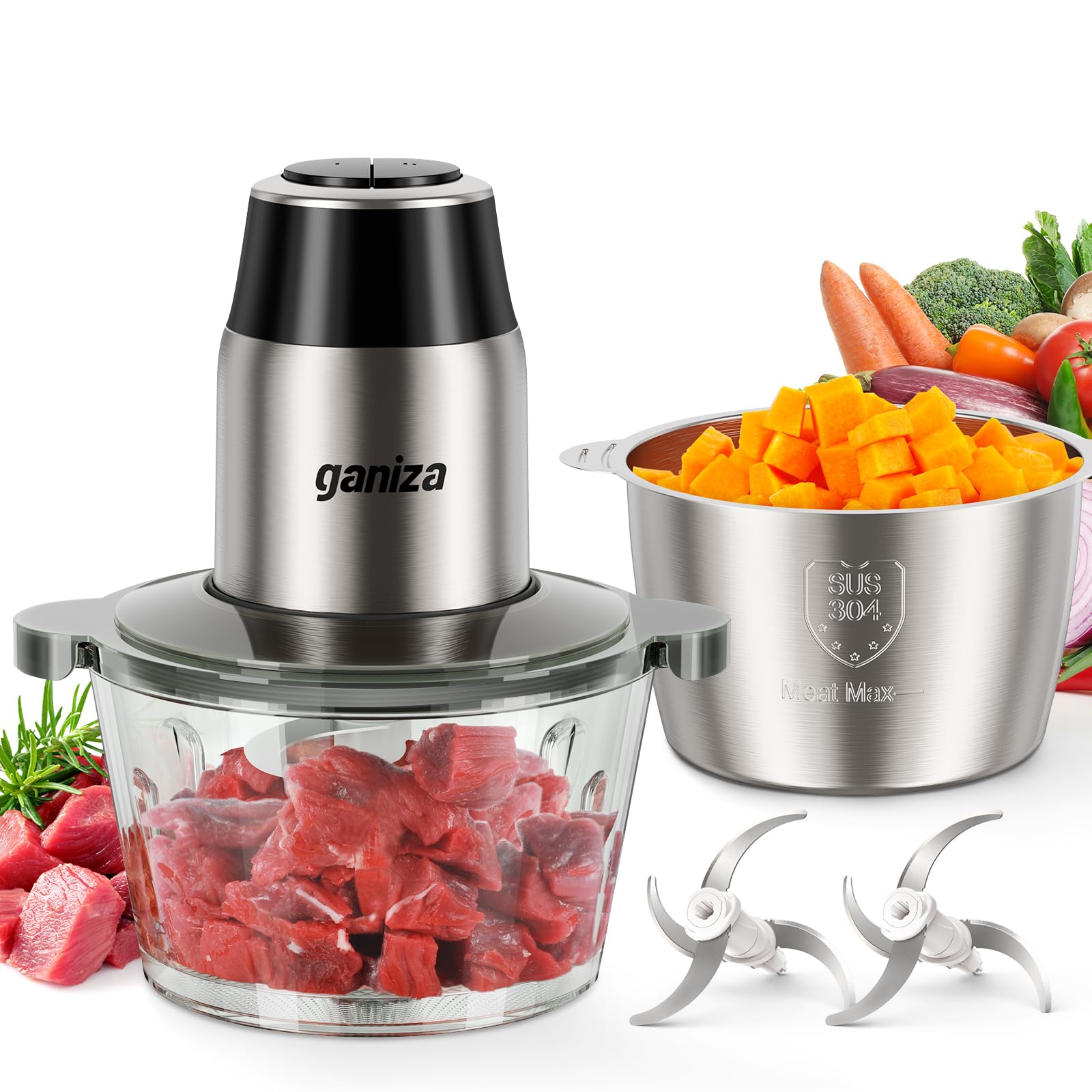 Ganiza Food Processors with 2 Bowls, 450W Meat Grinder Vegetable Chopper
