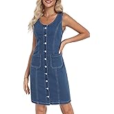 Vidifid Women's Denim Dress Sleeveless Stretchy Crewneck Vintage Button Down Jean Dresses with Patch Pocket