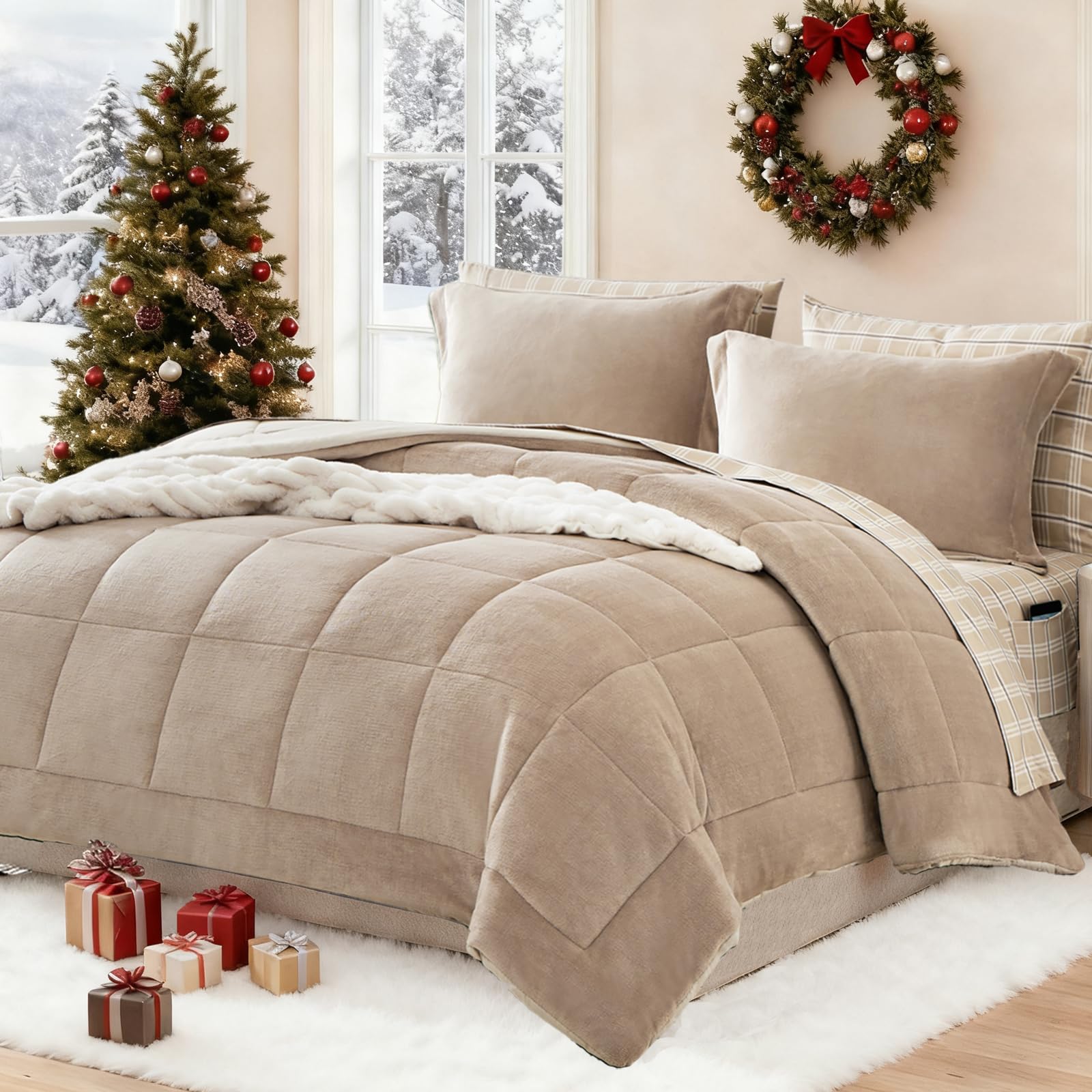 Photo 1 of ** MINOR DAMAGE ** AMBERSPACE Plush Queen Comforter Set Light Taupe,  Velvet Comforter Sets 7 Pieces Bed in a Bag, Soft Warm Winter Bedding Set with Sheets, Pillowcases & Shams