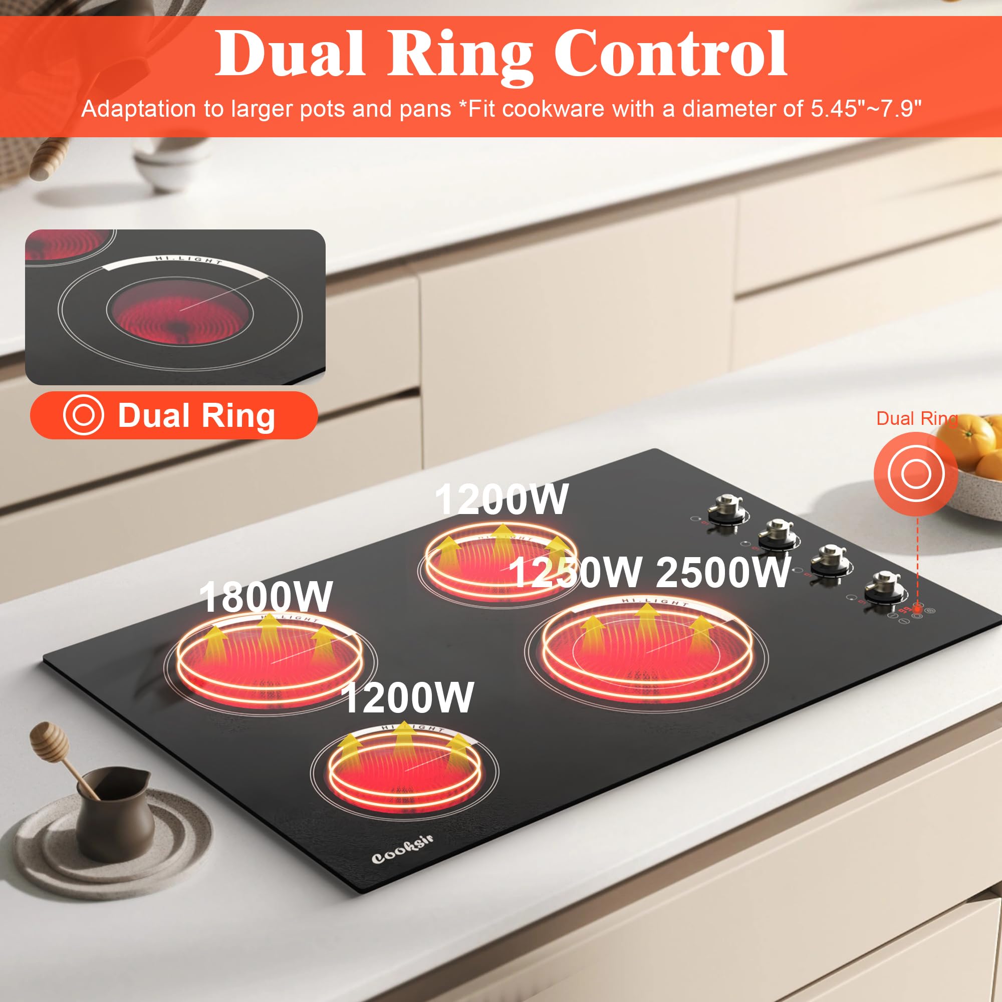 Cooksir 30 Inch Electric Cooktop - 4 Burner Built-in Glass Ceramic Stove Top 6700W, 240V Electric Cooktop Touch and Knob Control, Child Lock, Dual Ring, 99 Mins Timer, 220V Hard Wire(No Plug)