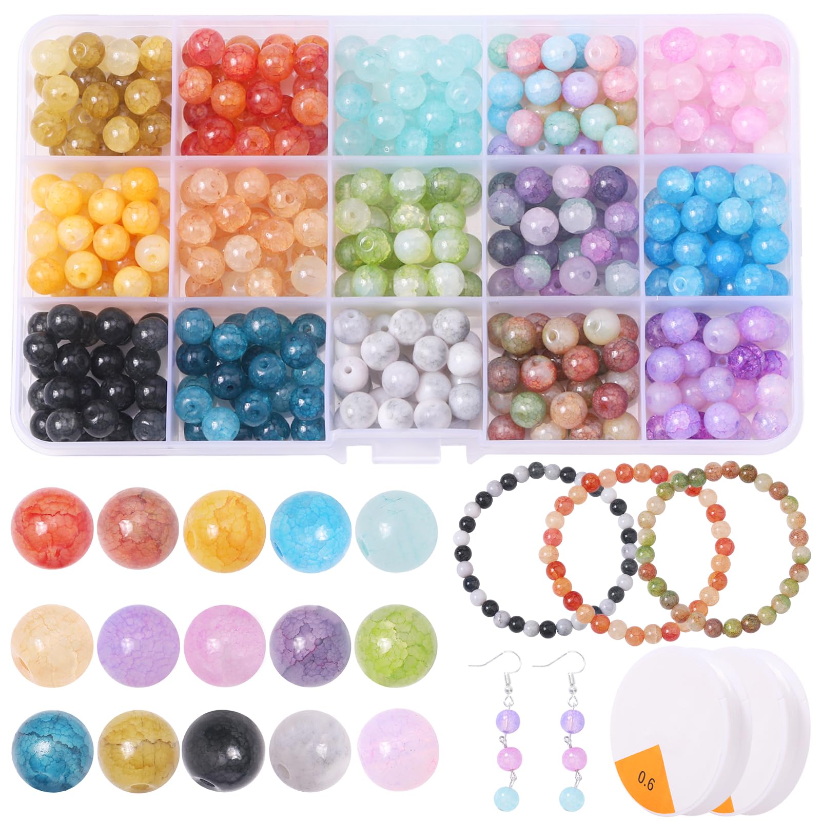 Colle 378pcs Crackle Beads Kit for Bracelet 8mm Natural Stone Beads Round Glass Beads with Hole for Bracelets, Necklaces, Earring Making