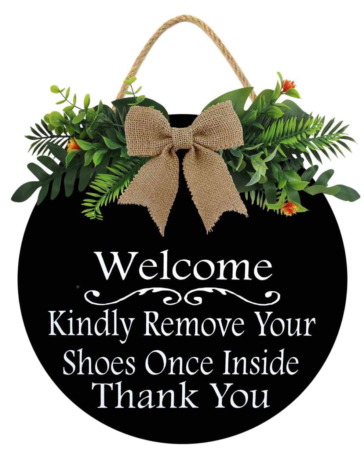 Photo 1 of Welcome, Please Remove Your Shoes Sign - Solid Wood Hanging Plaque with Rope, Polite Message - Dark Wood, Protective Coating for Outdoor use - Rustic Entryway, Porch, Door Hanger