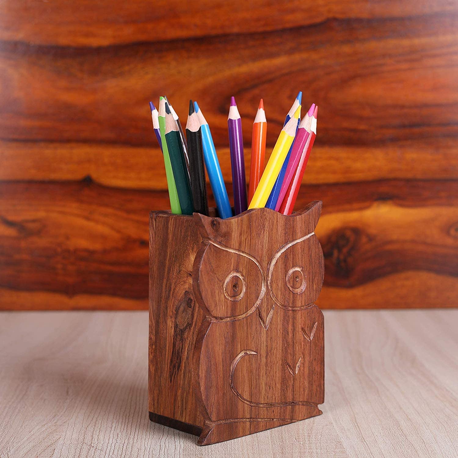 Photo 1 of IBLAY Wooden Decorative Owl Design Wooden Wooden Pen Holder & Pencil Holders Handmade Traditional Desk Supply School Office Stationery Organizer & Home Table Decor