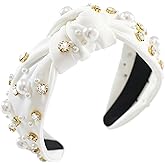 Gmmidea Pearl Knotted Women Headband Sparkle Rhinestone Jeweled Headband Wide Knot Crystal Embellished Hairband Fashion Women's Hair Accessories White