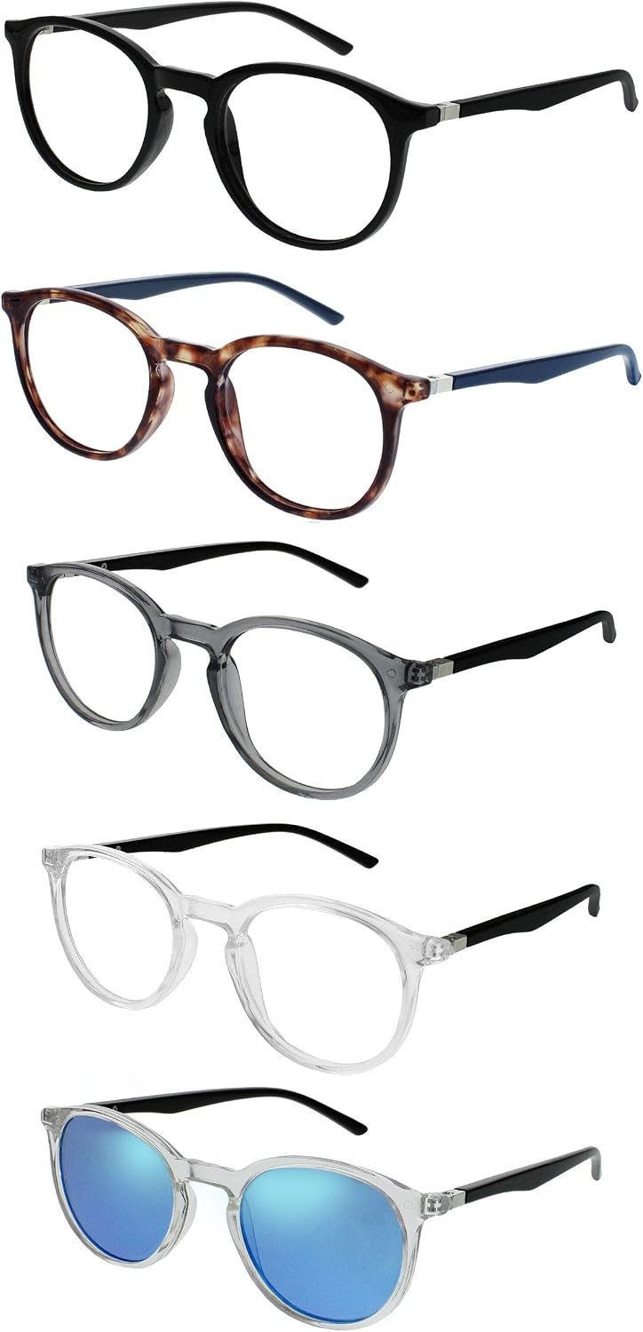 OPULIZE MET Reading Glasses and Reading SunGlasses for Women Men Round Frame, Black,Brown,Grey,Clear,Clear Sun +1 (Pack of 5) - Image 3