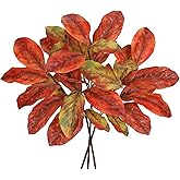Artificial Magnolia Fall Leaves Stem 31 inch Fake Autumn Foliage Branches Leaf for Home Kitchen Farmhouse Vase Thanksgiving Table Centerpieces Party Decor Orange