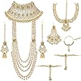 Aheli Traditional Wedding Indian Heavy Bridal Jewelry Set Long Choker Necklace Earrings Maang Tikka Nath Paasa Hath Phool In Faux Kundan Beads Gift for Women
