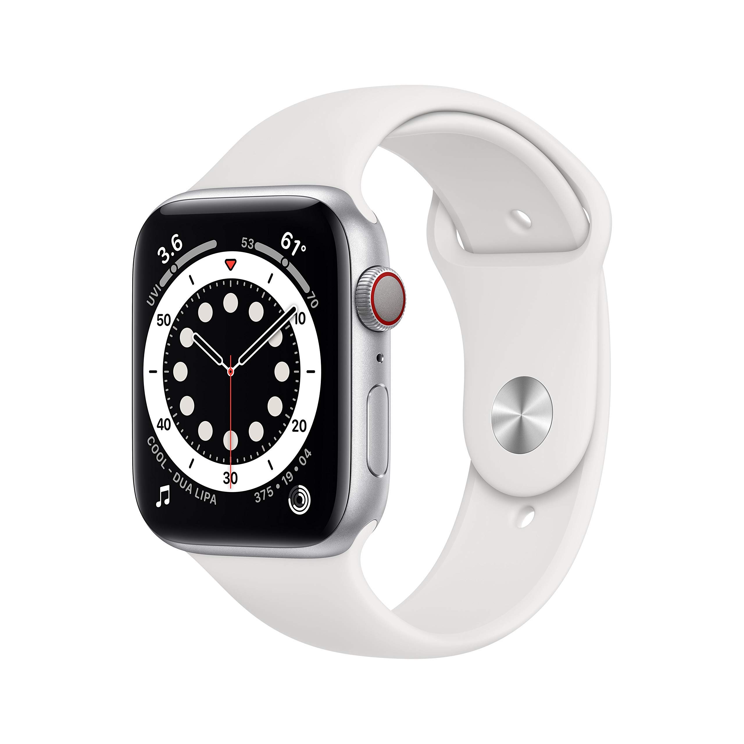 Apple Watch Series 6 (GPS + Cellular, 44MM) Silver Aluminium Case with White Sport Band (Renewed)