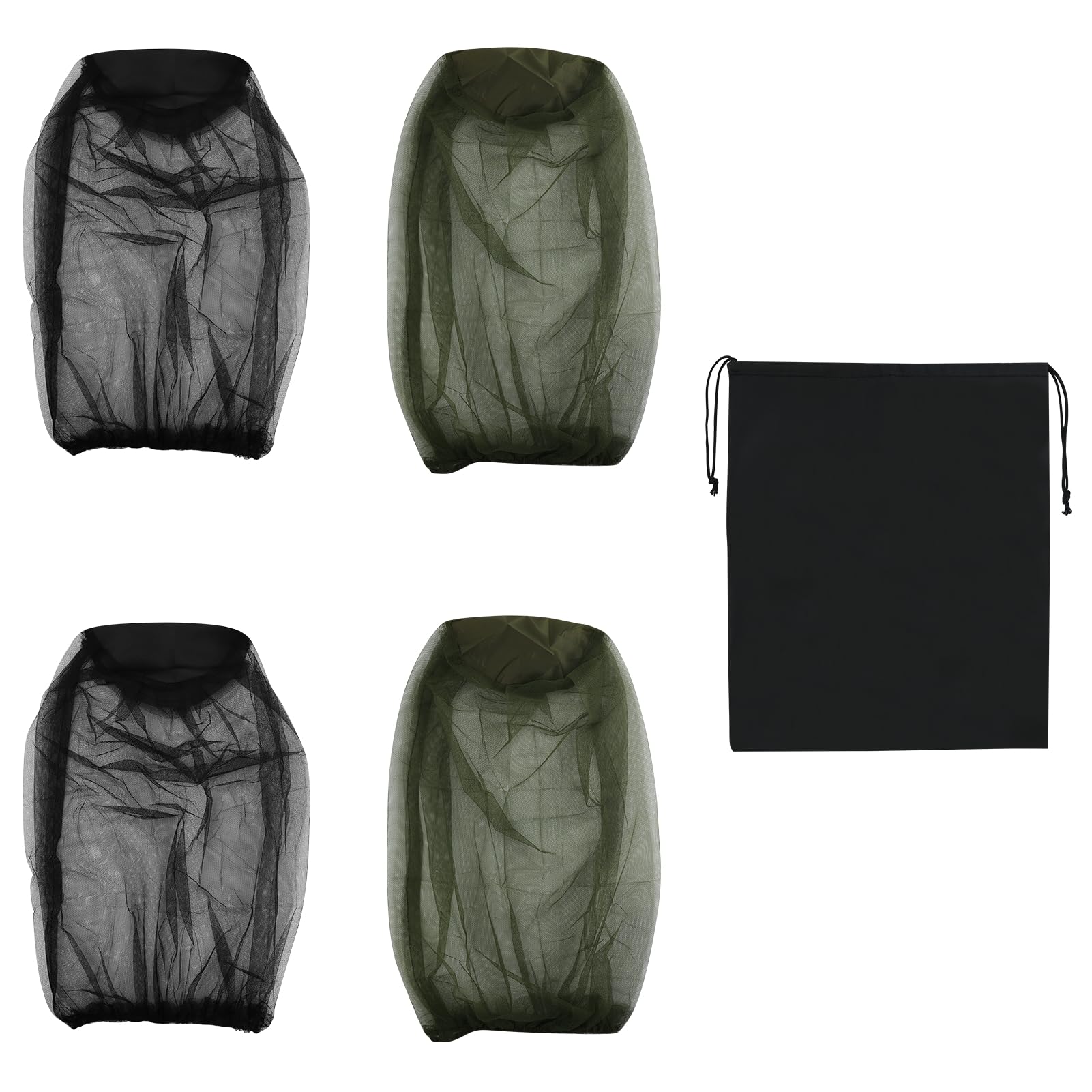 4 PCS Midge Head Net with Drawstring Bag, Nylon Mosquito Head Net Cover Fine Mesh Insect Netting for Travelling Hiking Camping Climbing Fishing,Black and Green