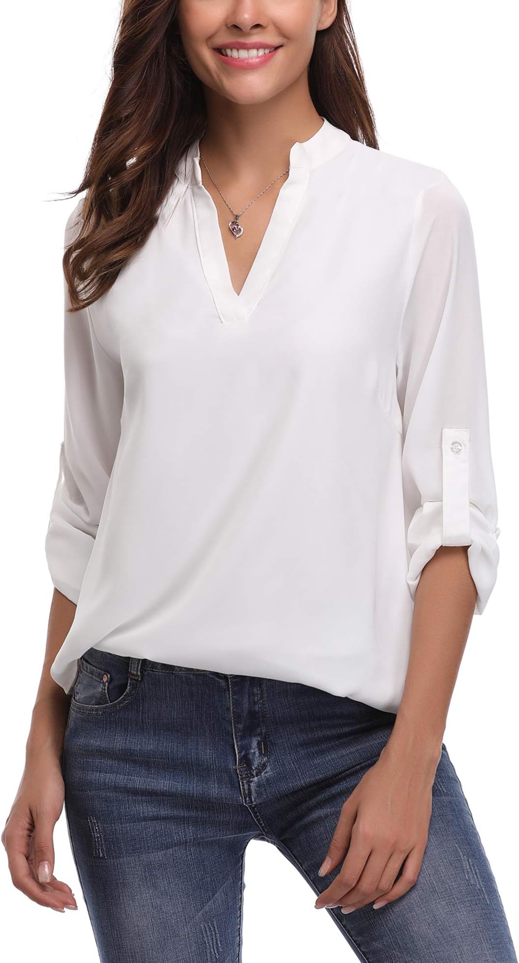 Abollria Womens Casual Chiffon V Neck Cold Shoulder Cuffed Long Sleeve Loose Shirt Blouse Tops