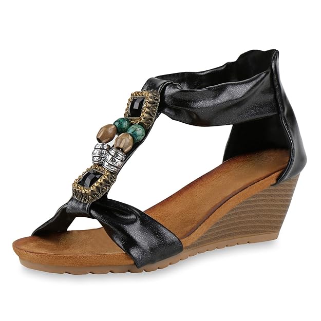 SCARPE VITA Damen Keilsandaletten Ethno Zierperlen