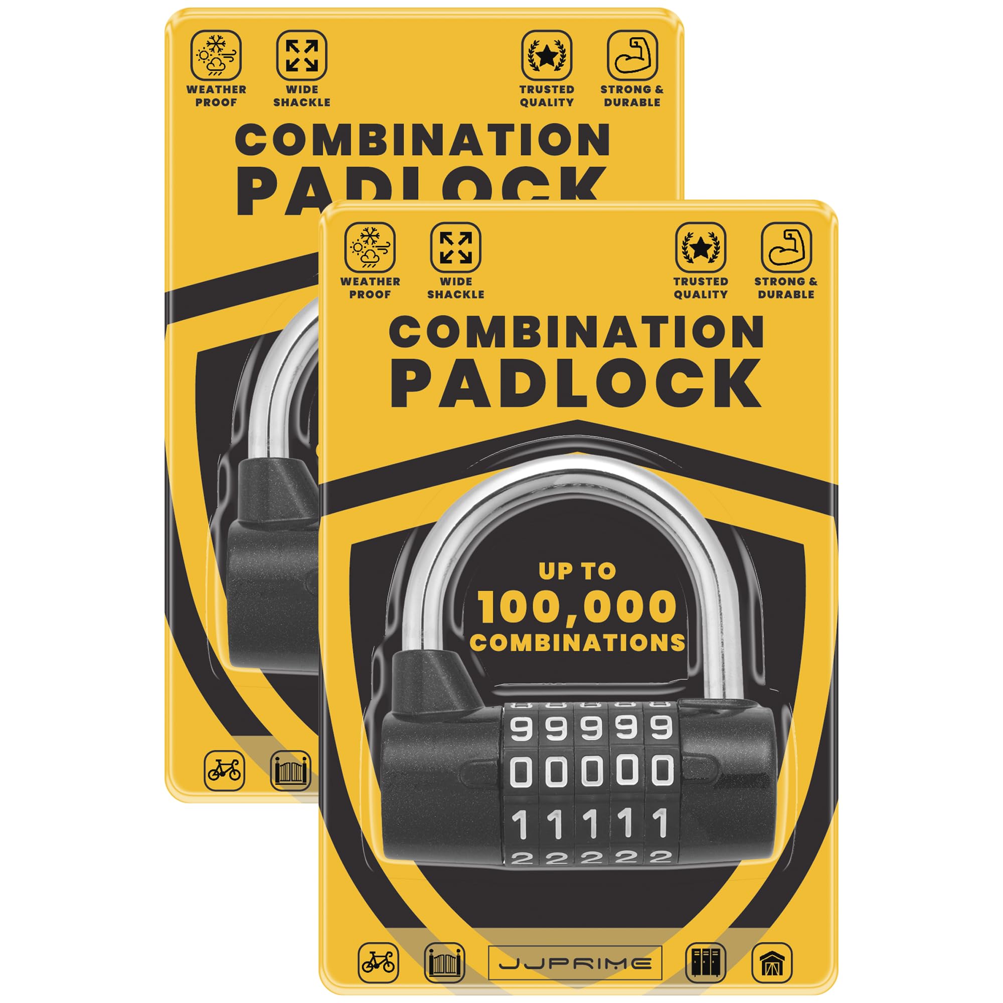 JJ PRIME - 2 Set Number Combination Padlocks | Heavy Duty & Weatherproof | Code Padlocks for Gym Locker, Gate, Fence, Shed (Black, 7mm)