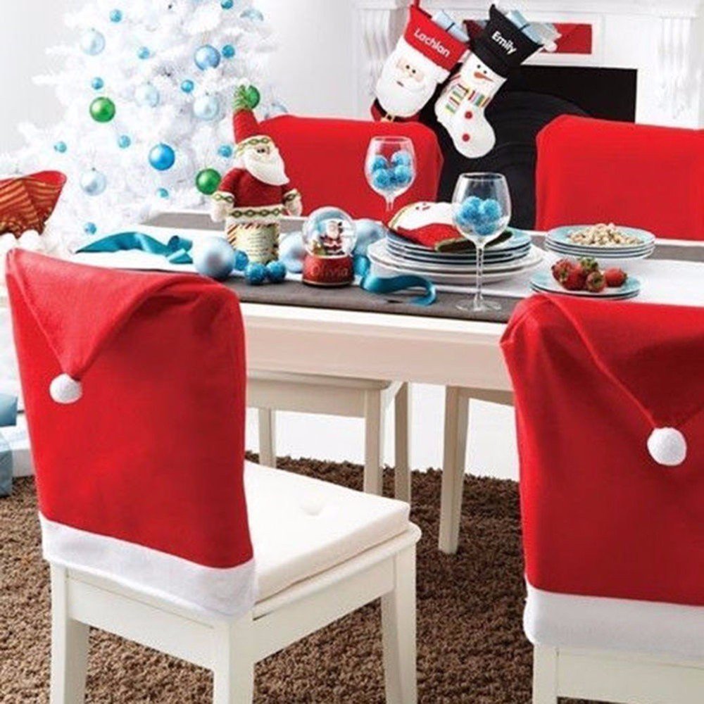 SUNTRADE 4 Pack Santa Hat Dining Chair Covers,for Christmas Xmas Dinner Table Chairs Decoration (4)
