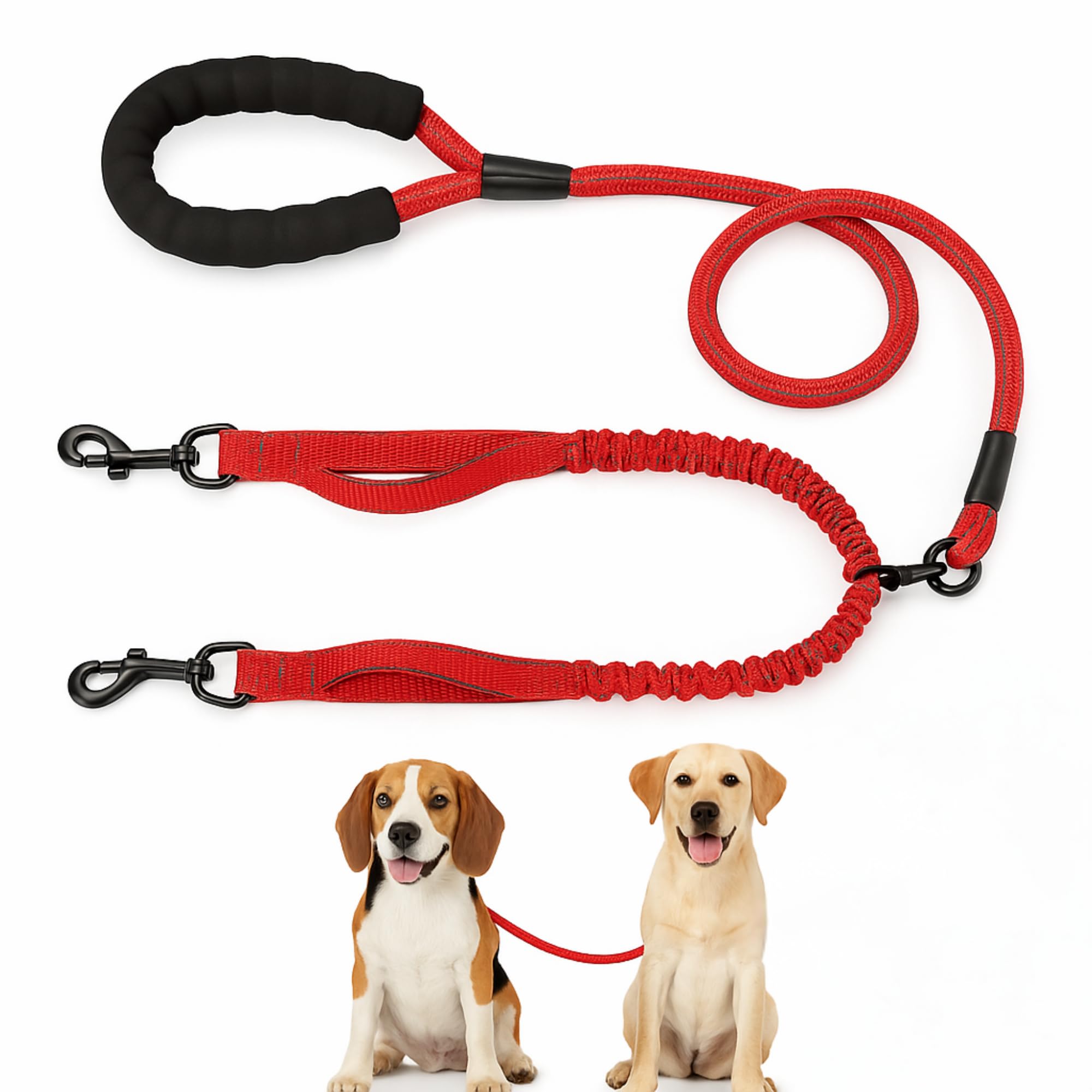 No Tangle 360° Swivel Dual Shock-Absorbing Bungee Leash for Simultaneous Walks with Two Dogs Up To 150 lbs / 70kg with Padded Handles for Control - Red - Soft Handle - for Large Dogs